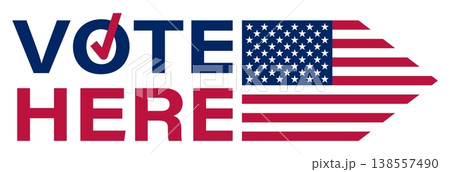 Vote here sign with a American flag arrow pointing. Vector isolated on white background Vote here sign with a American flag arrow pointing. Vector isolated on white background 138557490