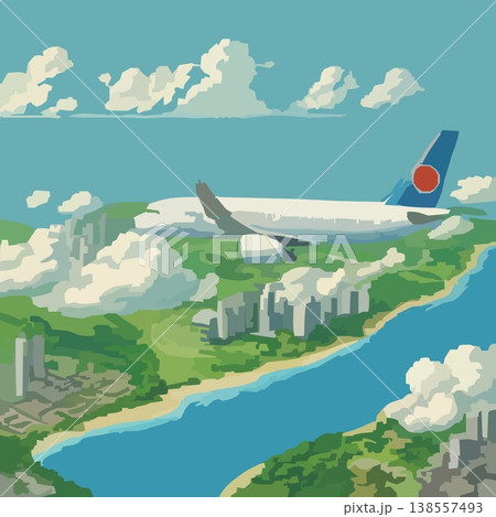 山と川の上空を飛ぶ飛行機と雲のイラスト 山と川の上空を飛ぶ飛行機と雲のイラスト 138557493