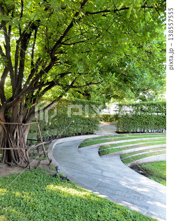 Curved Garden Pathway Under Lush Green Tree Canopy in Urban Park Curved Garden Pathway Under Lush Green Tree Canopy in Urban Park 138557555