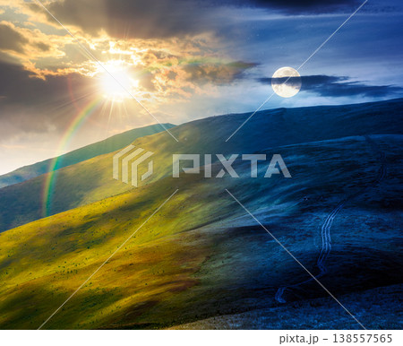 mountain landscape in summer. day and night time change concept. beautiful travel background with rolling hills. lush green grassy hillside with sun and moon dappled light. astrology wallpaper 138557565