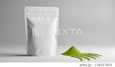 blank white standing pouch bag packaging mockup pile green matcha tea powder grey background organic natural healthy product diet drink concept minimalist design 138557603