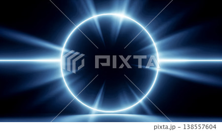 Glowing blue neon circle with powerful radiating light rays and beams isolated on deep black background, symbolizing futuristic energy power focus and digital gateway 138557604