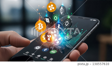 Smartphone with glowing 3d cryptocurrency coins floating above screen bitcoin ethereum ripple litecoin digital money finance concept Smartphone with glowing 3d cryptocurrency coins floating above screen bitcoin ethereum ripple litecoin digital money finance concept 138557610