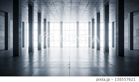 empty modern architectural interior space showing large dark concrete pillars supporting ceiling bright natural sunlight coming through huge glass windows minimalist industrial background empty modern architectural interior space showing large dark concrete pillars supporting ceiling bright natural sunlight coming through huge glass windows minimalist industrial background 138557621