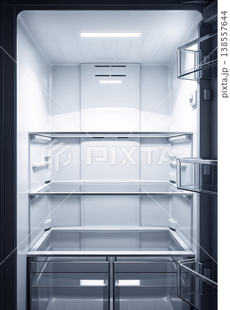 open empty modern refrigerator inside view bright illumination clear glass shelves clean cooling appliance kitchen equipment domestic household technology concept abstract background 138557644