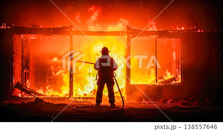 brave firefighter silhouette standing front massive burning house spraying water blazing flames intense heat dangerous rescue operation extreme emergency job hero concept night 138557646