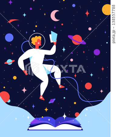 Magic space book astronaut reading concept Magic space book astronaut reading concept 138557788
