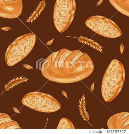 Seamless watercolor bread pattern with wheat and grains. White wheat bread. Perfect for bakeries, cafes, packaging, menus, food branding, and packaging. Hand-drawn illustration of baked goods. Seamless watercolor bread pattern with wheat and grains. White wheat bread. Perfect for bakeries, cafes, packaging, menus, food branding, and packaging. Hand-drawn illustration of baked goods. 138557797