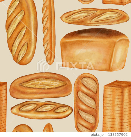 Seamless watercolor bread pattern with wheat and grains. White wheat bread. Perfect for bakeries, cafes, packaging, menus, food branding, and packaging. Hand-drawn illustration of baked goods. Seamless watercolor bread pattern with wheat and grains. White wheat bread. Perfect for bakeries, cafes, packaging, menus, food branding, and packaging. Hand-drawn illustration of baked goods. 138557902