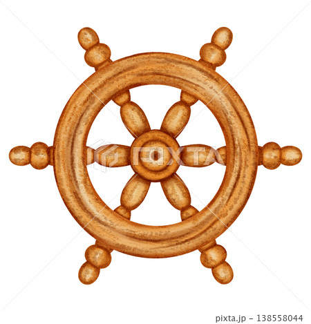 Watercolor illustration of a vintage wooden ship's wheel. Watercolor illustration on the theme of sea fishing. Children's, marine, tourist. For design, prints, patterns, postcards, sea travel 138558044