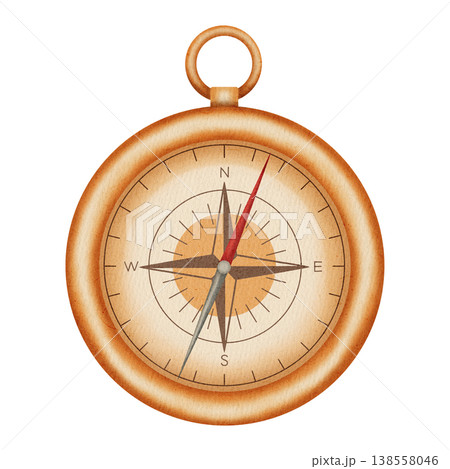 Watercolor illustration vintage nautical compass. Marine navigation tool for travel and discovery. Children's, nautical, and travel themes. Suitable for design, prints, postcards, sea travel 138558046