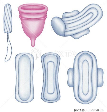 A set of watercolor illustrations of menstrual accessories:a menstrual cup, a tampon, and various sanitary pads, including panty liners, overnight pads, and pads with wings. Women's health and hygiene A set of watercolor illustrations of menstrual accessories:a menstrual cup, a tampon, and various sanitary pads, including panty liners, overnight pads, and pads with wings. Women's health and hygiene 138558192