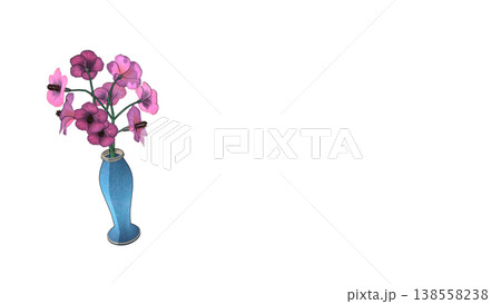 ピンクの花を飾った青い花瓶の3Dイラスト 138558238