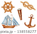 Nautical watercolor illustration set featuring a wooden sailing ship, anchor, steering wheel, telescope, and rope knot. Vintage maritime elements for adventure. Children's, nautical, travel themes. 138558277