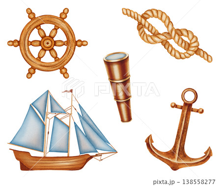 Nautical watercolor illustration set featuring a wooden sailing ship, anchor, steering wheel, telescope, and rope knot. Vintage maritime elements for adventure. Children's, nautical, travel themes. Nautical watercolor illustration set featuring a wooden sailing ship, anchor, steering wheel, telescope, and rope knot. Vintage maritime elements for adventure. Children's, nautical, travel themes. 138558277
