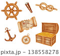 Watercolor illustration pirate, sea adventure set. Includes a wooden treasure chest with gold, ancient map, ship wheel, anchor, compass, spyglass, and marine knot. Children's, nautical, travel themes 138558278