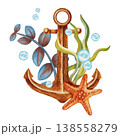 Watercolor illustration marine composition with a rusty metal anchor, starfish, seashell, pearl, seaweed with bubbles. Children's, nautical, travel themes. Suitable for design, postcards, sea travel 138558279