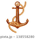 Watercolor illustration of a vintage rusty ship anchor with a thick nautical rope twisted around it. Nautical knot. Children's, nautical, travel themes. Suitable for design, postcards, sea travel  138558280