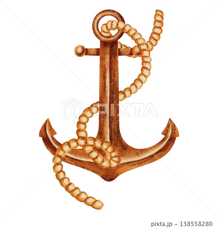 Watercolor illustration of a vintage rusty ship anchor with a thick nautical rope twisted around it. Nautical knot. Children's, nautical, travel themes. Suitable for design, postcards, sea travel Watercolor illustration of a vintage rusty ship anchor with a thick nautical rope twisted around it. Nautical knot. Children's, nautical, travel themes. Suitable for design, postcards, sea travel 138558280