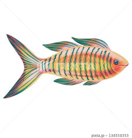 Watercolor illustration of tropical fish. Colorful exotic fish. Bright illustrations, suitable for cheerful summer designs, textiles, summer and children's clothing. Print for children's. Watercolor illustration of tropical fish. Colorful exotic fish. Bright illustrations, suitable for cheerful summer designs, textiles, summer and children's clothing. Print for children's. 138558353