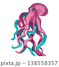 Watercolor illustration of cute octopus. Friendly sea creature with tentacles. Bright illustrations, suitable for sea travel, cheerful summer designs, textiles, summer and children's clothing 138558357