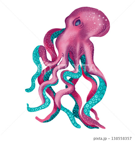 Watercolor illustration of cute octopus. Friendly sea creature with tentacles. Bright illustrations, suitable for sea travel, cheerful summer designs, textiles, summer and children's clothing 138558357