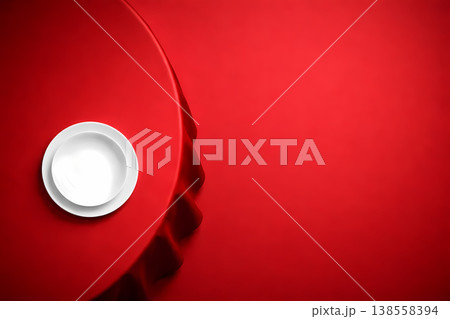 赤いテーブルと白皿の背景素材 138558394