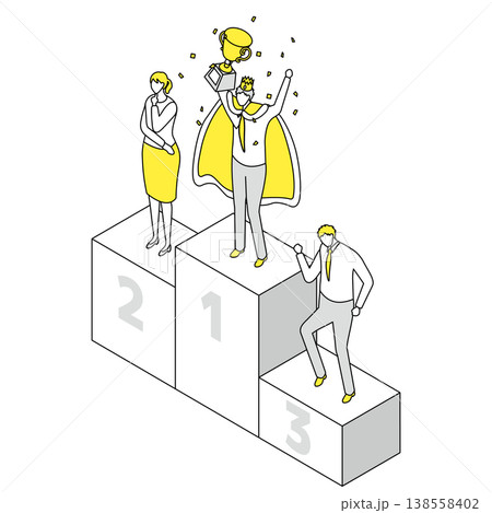 表彰台で優勝トロフィーを掲げるビジネスマンのアイソメトリック線画イラスト 138558402