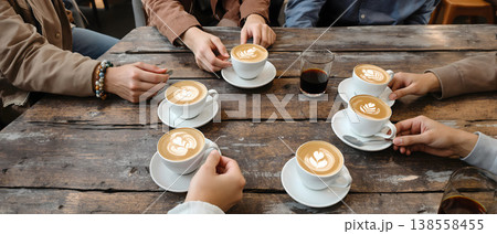 Photo of people enjoying coffee drinks together at a rustic wooden table, fostering connection and conversation in a cafe setting. 138558455