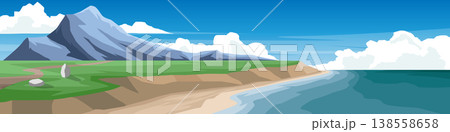 Horizontal or landscape view of coastal area with small cliffs and lowlands. vast ocean stretches to the side with towering mountains under blue sky and white clouds in the background. Horizontal or landscape view of coastal area with small cliffs and lowlands. vast ocean stretches to the side with towering mountains under blue sky and white clouds in the background. 138558658