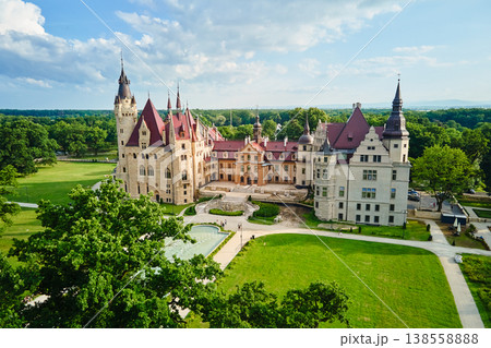 Aerial view of historic castle and park in Moszna, Poland Aerial view of historic castle and park in Moszna, Poland 138558888
