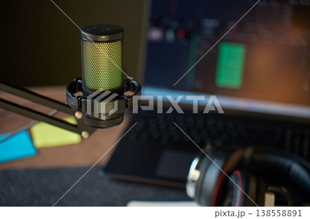 Audio recording studio with microphone, headphones and laptop 138558891