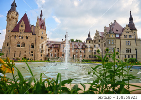 Moszna Castle with fountain and garden in Poland 138558923