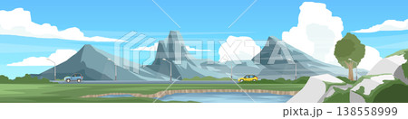Landscape view of asphalt road through a rural area. Car driving on the road with lighting pole side of road. Rocky hills and a water source in front. With mountain and blue sky for background. Landscape view of asphalt road through a rural area. Car driving on the road with lighting pole side of road. Rocky hills and a water source in front. With mountain and blue sky for background. 138558999
