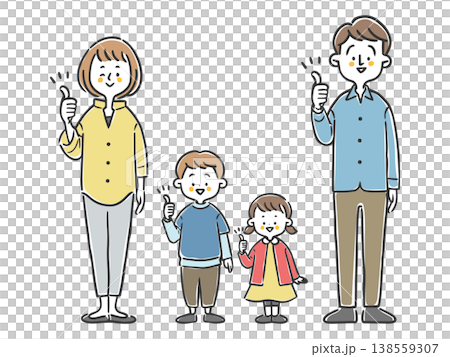 一對夫婦和他們的孩子豎起大拇指（全身像，向量圖） 138559307