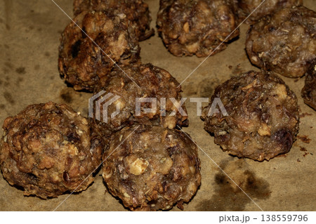 Close up of roast dinner stuffing balls ready to serve 138559796