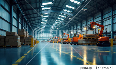 Spacious logistics complex with high ceiling, stacks of goods and yellow floor marking AI generated. 138560071