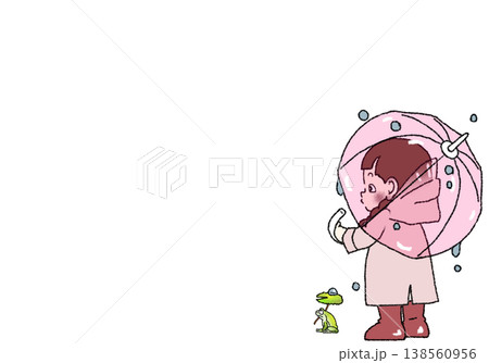 ピンク色のレインコートを着た女の子とカエル PNG 背景透過 138560956