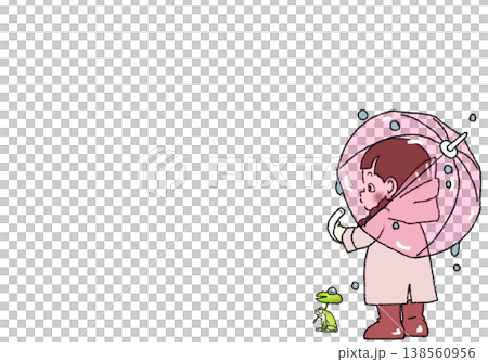 ピンク色のレインコートを着た女の子とカエル PNG 背景透過 138560956