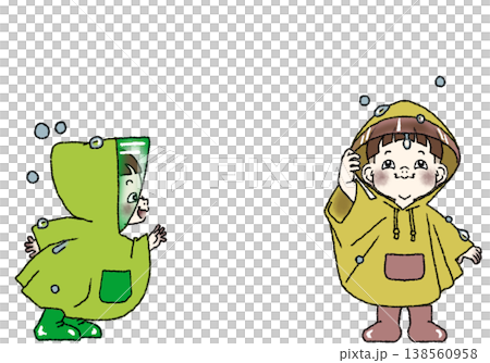 Children enjoying the rain wearing their favorite colorful ponchos (2 PNG images, transparent background) 138560958