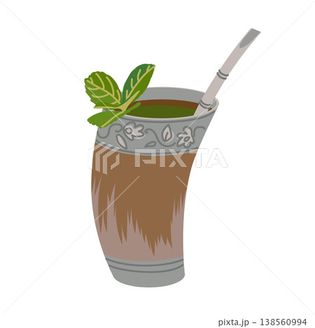 A traditional guampa is a vessel carved from a bull's horn. In Paraguay, it is used for terere . A handmade glass for the cold version of mate in Latin America. Vector illustration in a flat style. 138560994