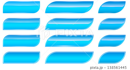 Set of glossy blue buttons with slanted edges. 3D realistic cyan web buttons elements with white borders. Modern asymmetric horizontal button icons isolated on white for interface and software design 138561445