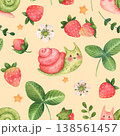 Cute cartoon seamless pattern with snails, strawberries, flowers, leaves, and stars. Garden or forest characters and elements in children style. Watercolor illustration isolated on yellow background 138561457