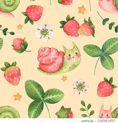 Cute cartoon seamless pattern with snails, strawberries, flowers, leaves, and stars. Garden or forest characters and elements in children style. Watercolor illustration isolated on yellow background Cute cartoon seamless pattern with snails, strawberries, flowers, leaves, and stars. Garden or forest characters and elements in children style. Watercolor illustration isolated on yellow background 138561457