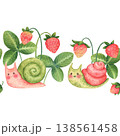 Seamless border with cute funny snails and strawberry in a kids cartoon style. Hand-drawn watercolor illustration isolated on a white background. Perfect for posters, cards, invitations, packaging 138561458