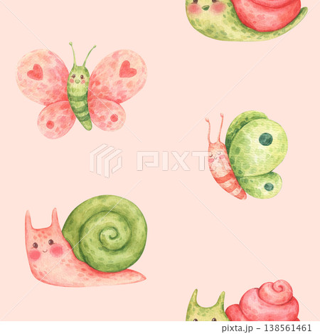 A simple seamless pattern of snails and butterflies. Forest or garden insects and snails in cartoon style. Funny and cute characters. Hand-drawn watercolor illustration isolated on a pink background A simple seamless pattern of snails and butterflies. Forest or garden insects and snails in cartoon style. Funny and cute characters. Hand-drawn watercolor illustration isolated on a pink background 138561461