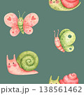 A simple seamless pattern of snails and butterflies. Forest or garden insects and snails in cartoon style. Funny and cute characters. Hand-drawn watercolor illustration isolated on a green background 138561462