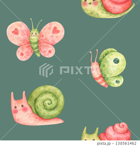 A simple seamless pattern of snails and butterflies. Forest or garden insects and snails in cartoon style. Funny and cute characters. Hand-drawn watercolor illustration isolated on a green background A simple seamless pattern of snails and butterflies. Forest or garden insects and snails in cartoon style. Funny and cute characters. Hand-drawn watercolor illustration isolated on a green background 138561462