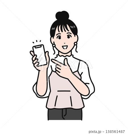 スマホの画面を見せながら紹介するまとめ髪の若い女性のシンプルなベクターイラスト素材 138561487