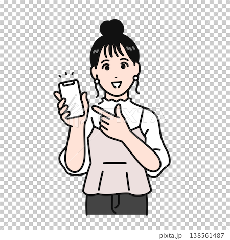 一幅簡單的向量插圖，描繪了一位頭髮紮起來的年輕女子，正在展示她的智慧型手機螢幕。 138561487